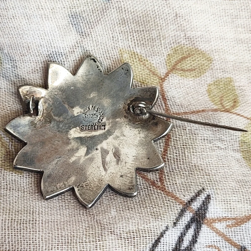 Abalone Shell Alpaca Sterling Silver Mexico Signed Jose N 5 N5 Vintage Brooch